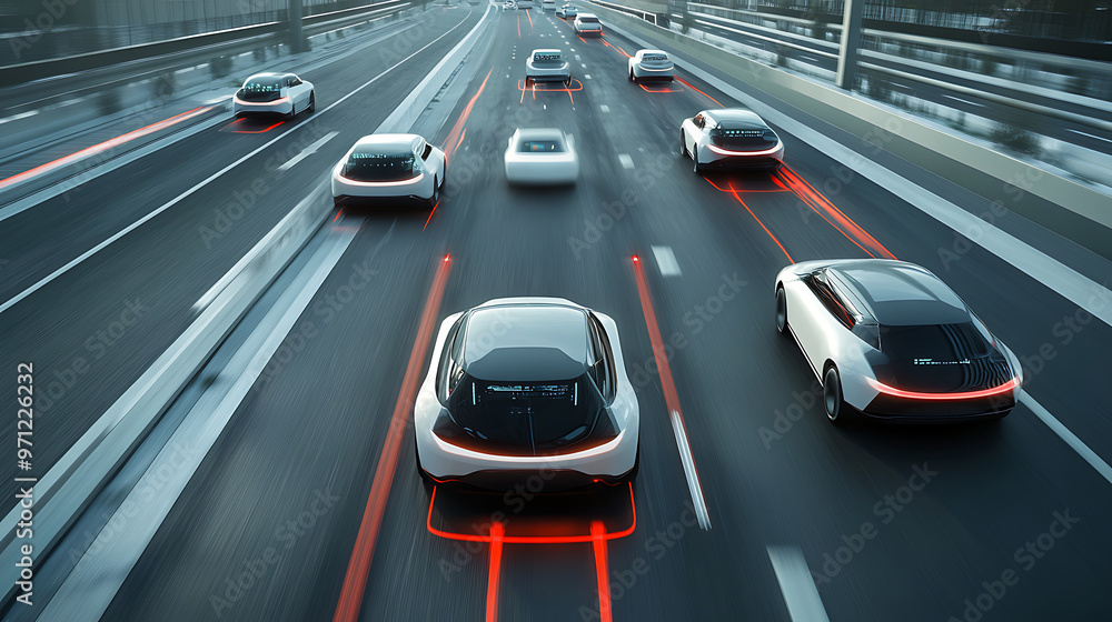 Fototapeta premium Autonomous vehicles driving on highway. Generative AI illustration 