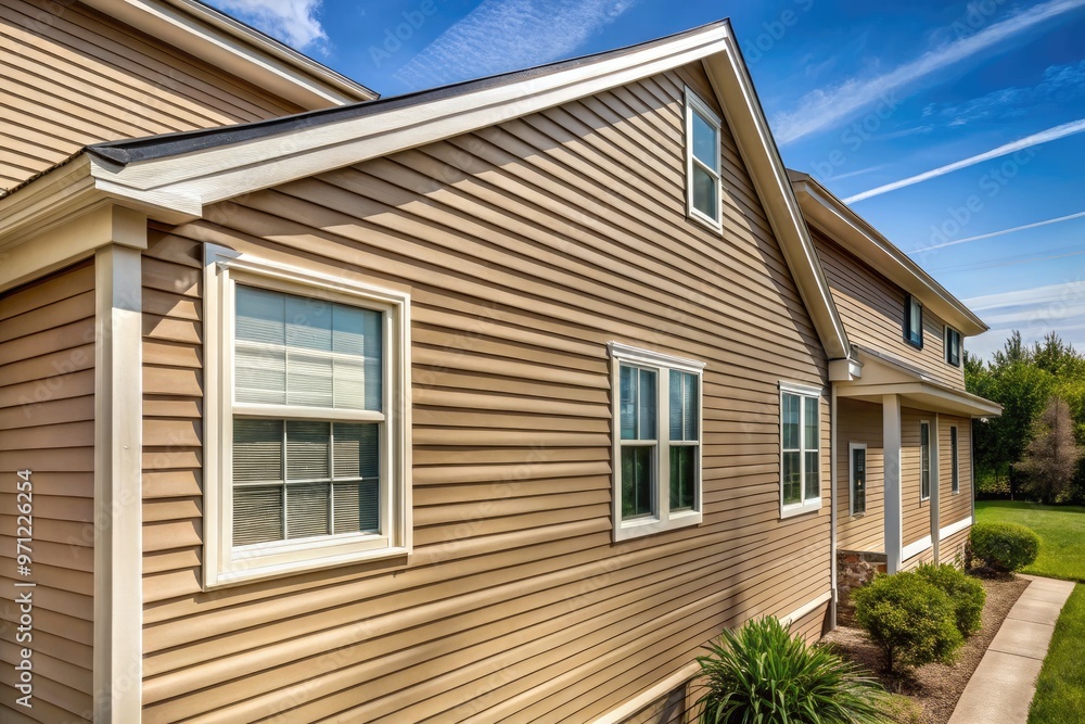 Weathered beige vinyl siding on a suburban home's exterior, with slight fading and subtle texture, conveying a sense of ordinary residential architecture and everyday life. Weathered beige vinyl siding on a suburban home's exterior, with slight fading and subtle texture, conveying a sense of ordinary residential architecture and everyday life.