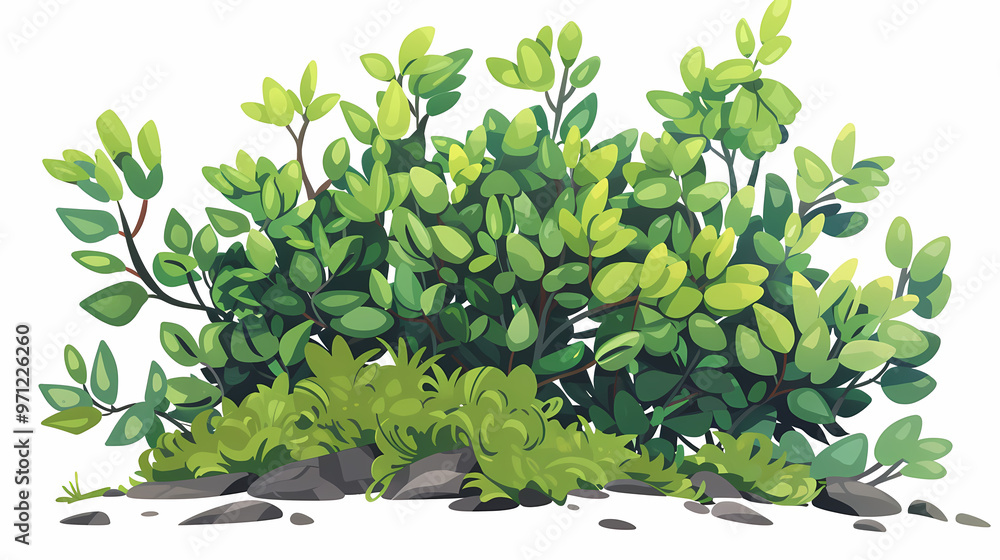 Cute green bush from the forest cartoon, isolated nature object for kids design. Branches and leaves of a fluffy bush isolated on a white background. Vector hand drawn illustration in paper cute style Cute green bush from the forest cartoon, isolated nature object for kids design. Branches and leaves of a fluffy bush isolated on a white background. Vector hand drawn illustration in paper cute style