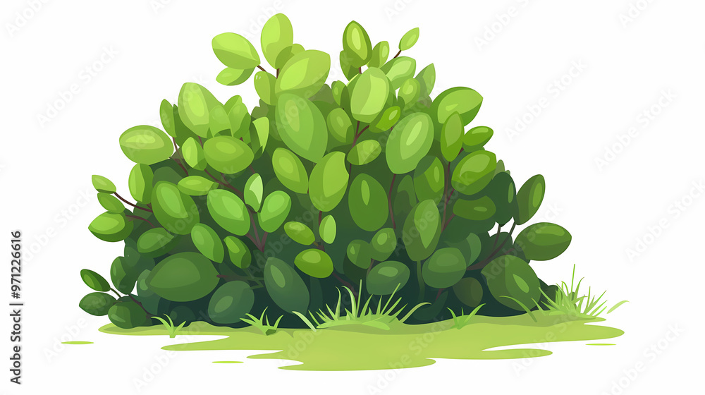 Cute green bush from the forest cartoon, isolated nature object for kids design. Branches and leaves of a fluffy bush isolated on a white background. Vector hand drawn illustration in paper cute style Cute green bush from the forest cartoon, isolated nature object for kids design. Branches and leaves of a fluffy bush isolated on a white background. Vector hand drawn illustration in paper cute style