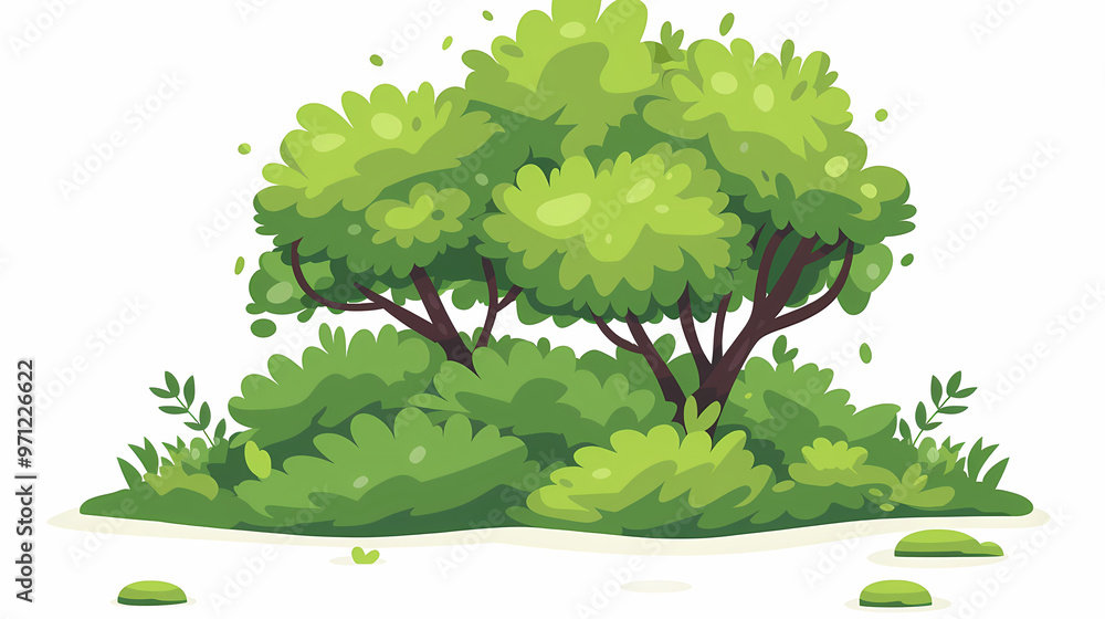 Fototapeta premium Cute green bush from the forest cartoon, isolated nature object for kids design. Branches and leaves of a fluffy bush isolated on a white background. Vector hand drawn illustration in paper cute style