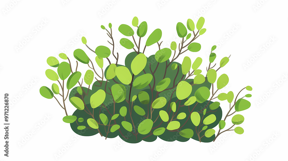 Cute green bush from the forest cartoon, isolated nature object for kids design. Branches and leaves of a fluffy bush isolated on a white background. Vector hand drawn illustration in paper cute style Cute green bush from the forest cartoon, isolated nature object for kids design. Branches and leaves of a fluffy bush isolated on a white background. Vector hand drawn illustration in paper cute style