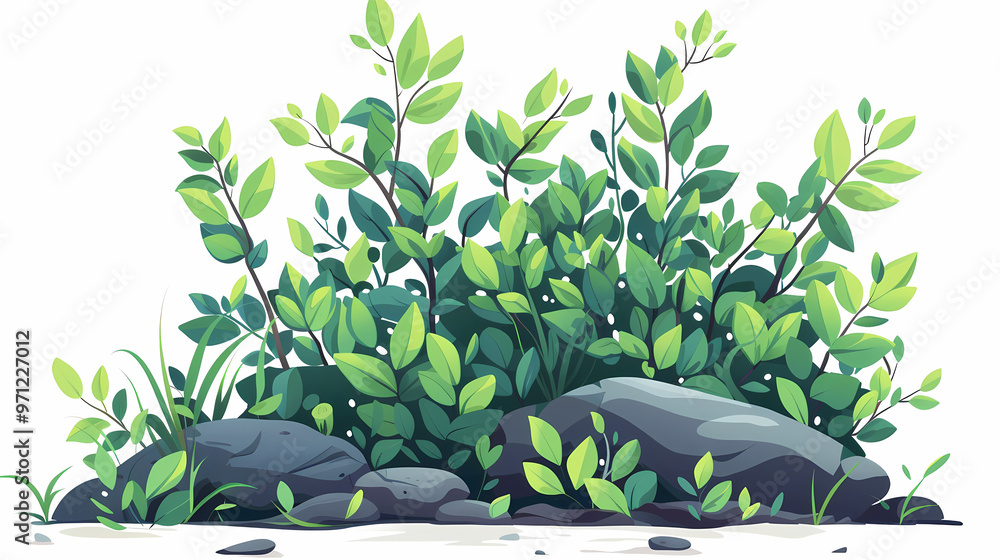Obraz premium Cute green bush from the forest cartoon, isolated nature object for kids design. Branches and leaves of a fluffy bush isolated on a white background. Vector hand drawn illustration in paper cute style
