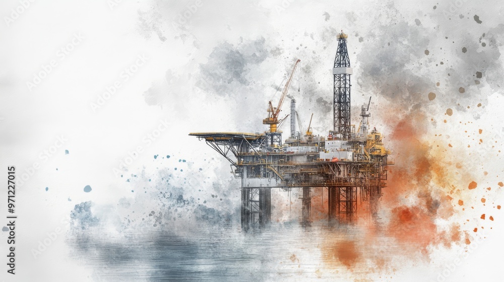 An artistic representation of an oil rig in water, showcasing the industrial elements and vibrant colors of energy exploration. An artistic representation of an oil rig in water, showcasing the industrial elements and vibrant colors of energy exploration.