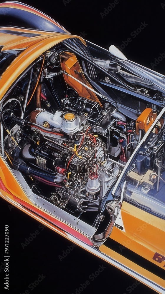 Cutaway of a race car illustrating the engine, cockpit, and aerodynamics.