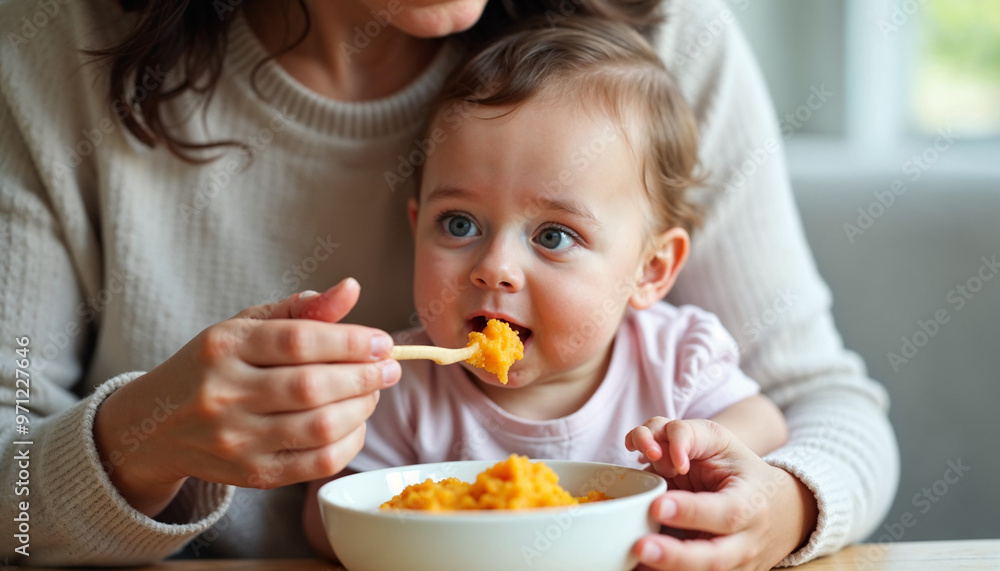 Happy mother feeding her baby with mashed fruit from a bowl, child care, mother care concept, Happy mother feeding her baby with mashed fruit from a bowl, child care, mother care concept,