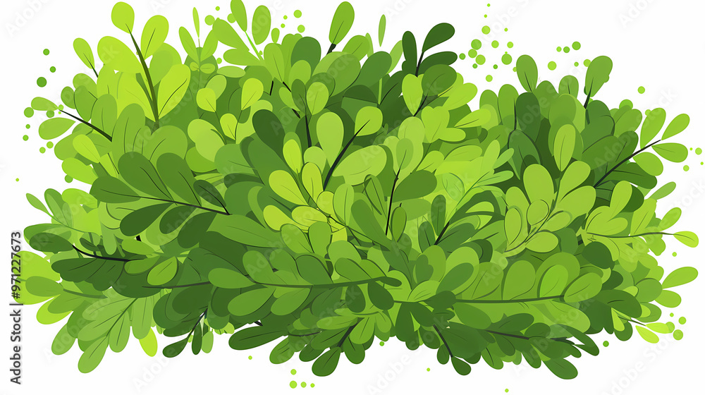 Cute green bush from the forest cartoon, isolated nature object for kids design. Branches and leaves of a fluffy bush isolated on a white background. Vector hand drawn illustration in paper cute style Cute green bush from the forest cartoon, isolated nature object for kids design. Branches and leaves of a fluffy bush isolated on a white background. Vector hand drawn illustration in paper cute style