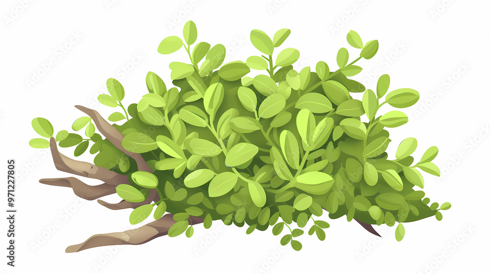 Cute green bush from the forest cartoon, isolated nature object for kids design. Branches and leaves of a fluffy bush isolated on a white background. Vector hand drawn illustration in paper cute style Cute green bush from the forest cartoon, isolated nature object for kids design. Branches and leaves of a fluffy bush isolated on a white background. Vector hand drawn illustration in paper cute style