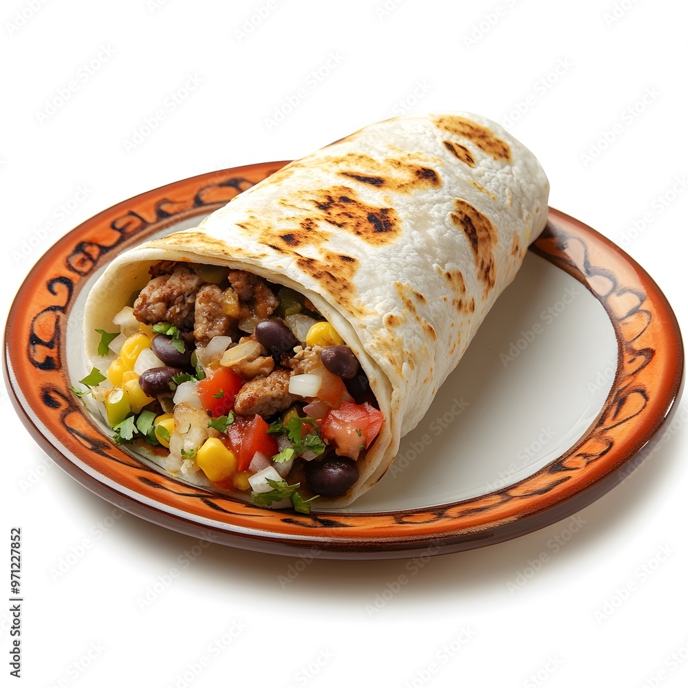 Delicious grilled burrito with beans and veggies on a decorative plate Delicious grilled burrito with beans and veggies on a decorative plate
