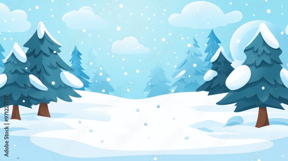 Cartoon-style winter landscape with snow-covered trees, a snowy ground, and open space for text, evoking a festive and frosty atmosphere. Cartoon-style winter landscape with snow-covered trees, a snowy ground, and open space for text, evoking a festive and frosty atmosphere.