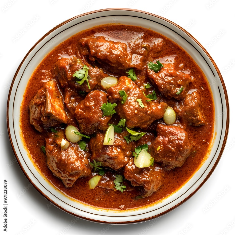 Spicy indian lamb curry with cilantro and garlic garnish Spicy indian lamb curry with cilantro and garlic garnish