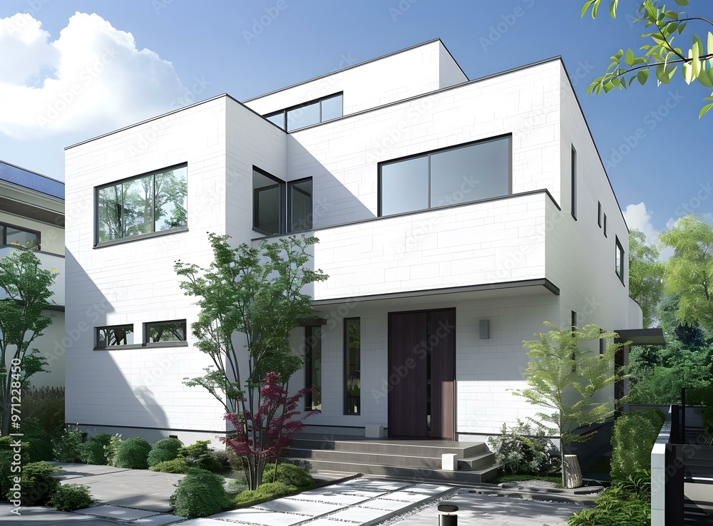 Modern Two Story White Brick House with Garden Modern Two Story White Brick House with Garden