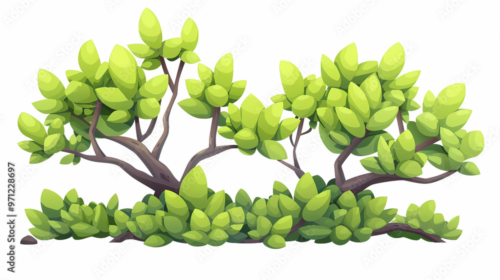 Cute green bush from the forest cartoon, isolated nature object for kids design. Branches and leaves of a fluffy bush isolated on a white background. Vector hand drawn illustration in paper cute style Cute green bush from the forest cartoon, isolated nature object for kids design. Branches and leaves of a fluffy bush isolated on a white background. Vector hand drawn illustration in paper cute style