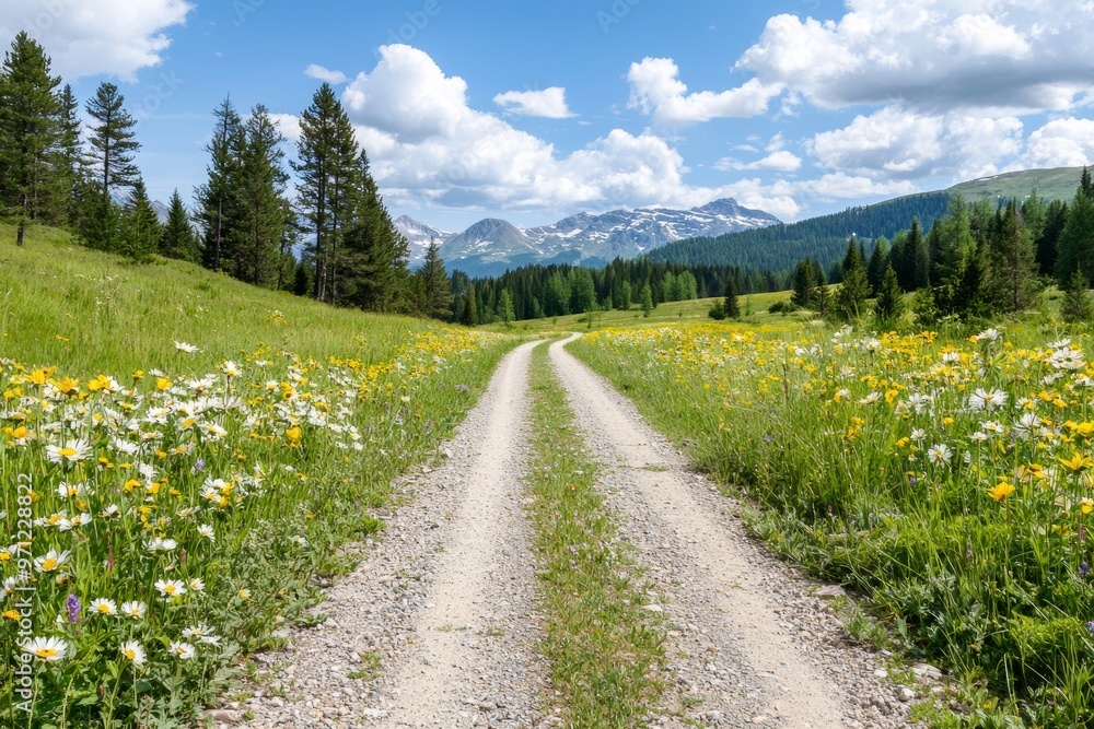 Fototapeta premium Scenic Drive through Pine Trees and Wildflower Meadow in Vibrant Nature