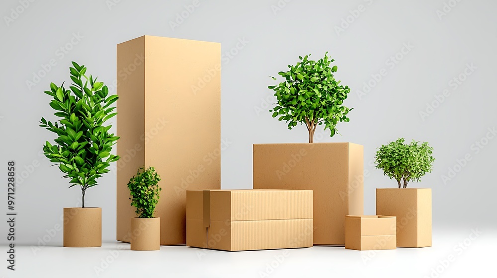 Cardboard boxes and green plants create a mockup with a fresh, eco-friendly vibe. Cardboard boxes and green plants create a mockup with a fresh, eco-friendly vibe.