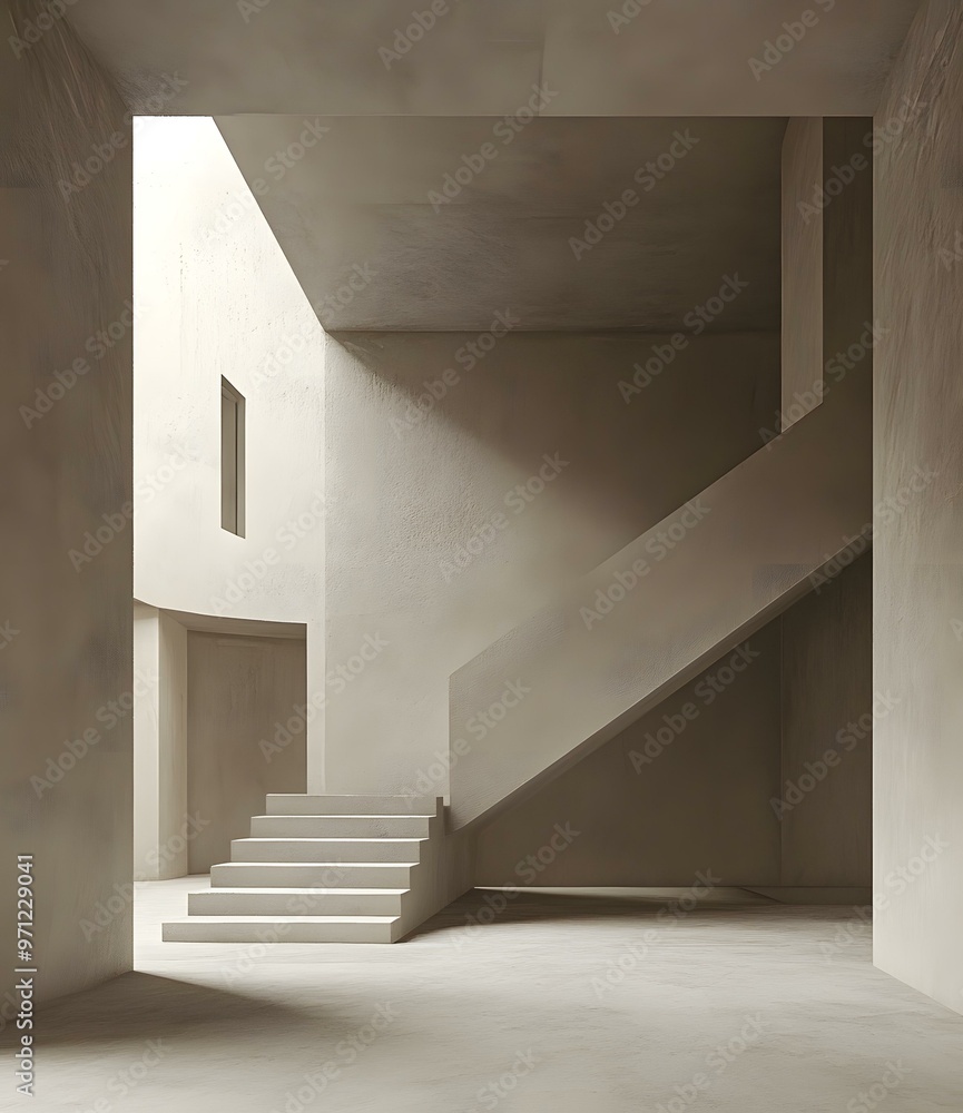 Fototapeta premium Minimalist Concrete Architecture Interior With Staircase And Window