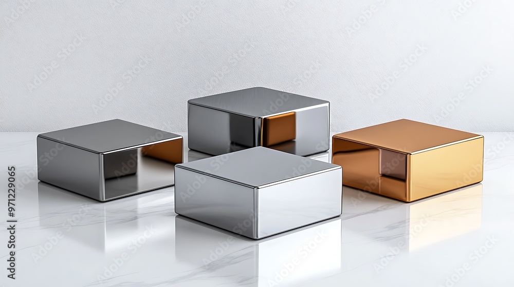 Metallic cubes rest on a marble background, creating a striking modern abstract design.