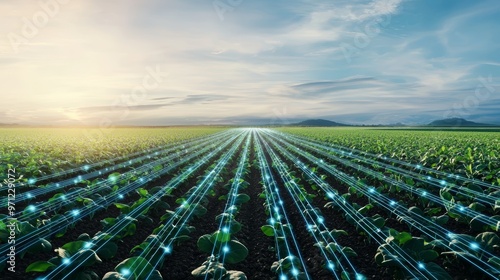 A futuristic view of an expansive field showcasing smart farming technology under a vibrant sky at sunrise.