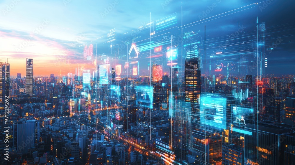 custom made wallpaper toronto digitalFuturistic city skyline with digital overlays and technology elements at sunset.