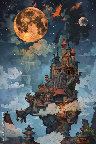 Fantasy Castle Illustration with a Full Moon and Flying Birds