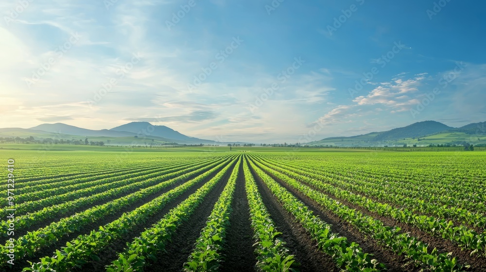 A serene landscape featuring lush green fields and distant mountains under a clear blue sky, ideal for nature and agriculture themes. A serene landscape featuring lush green fields and distant mountains under a clear blue sky, ideal for nature and agriculture themes.