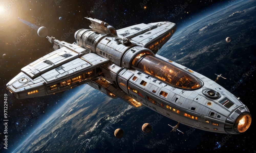 Fototapeta premium Futuristic Spacecraft Orbiting Earth in Galaxy
