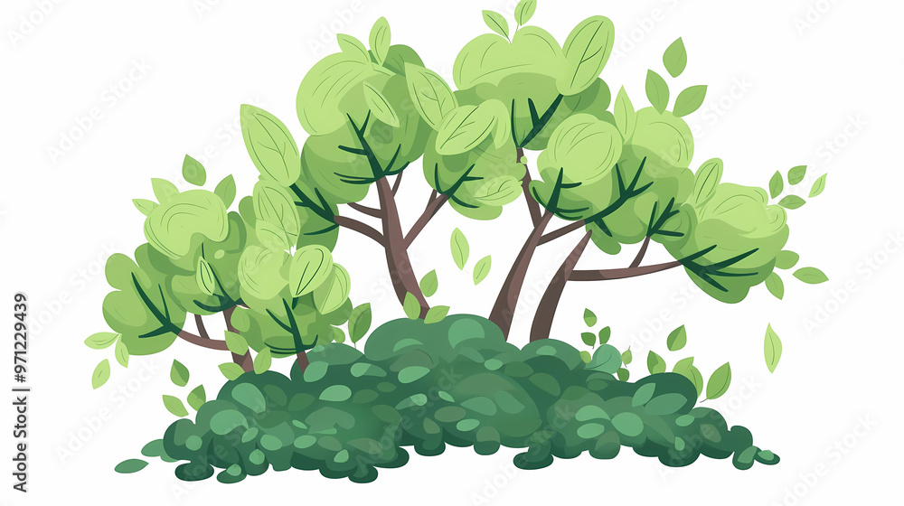 Cute green bush from the forest cartoon, isolated nature object for kids design. Branches and leaves of a fluffy bush isolated on a white background. Vector hand drawn illustration in paper cute style Cute green bush from the forest cartoon, isolated nature object for kids design. Branches and leaves of a fluffy bush isolated on a white background. Vector hand drawn illustration in paper cute style