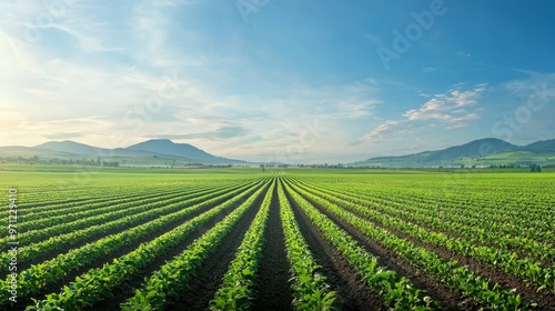 A serene landscape featuring lush green fields and distant mountains under a clear blue sky, ideal for nature and agriculture themes.