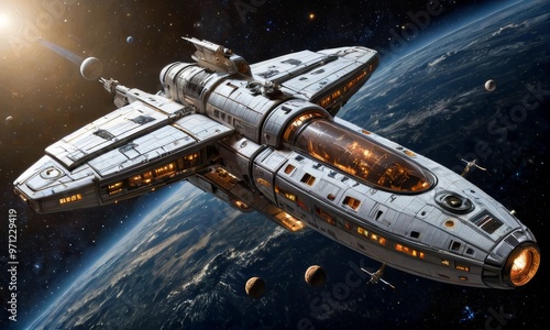 Wallpaper Mural Futuristic Spacecraft Orbiting Earth in Galaxy Torontodigital.ca