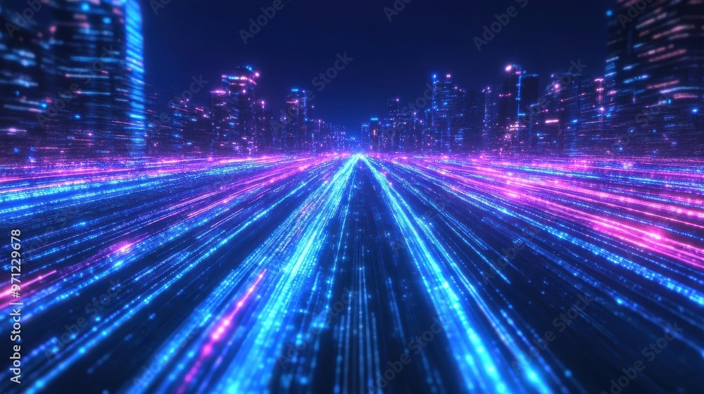 High-speed light trails on a city background with futuristic neon colors, a night view of tall skyscraper buildings and a highway road in a modern urban business district. High-speed light trails on a city background with futuristic neon colors, a night view of tall skyscraper buildings and a highway road in a modern urban business district.