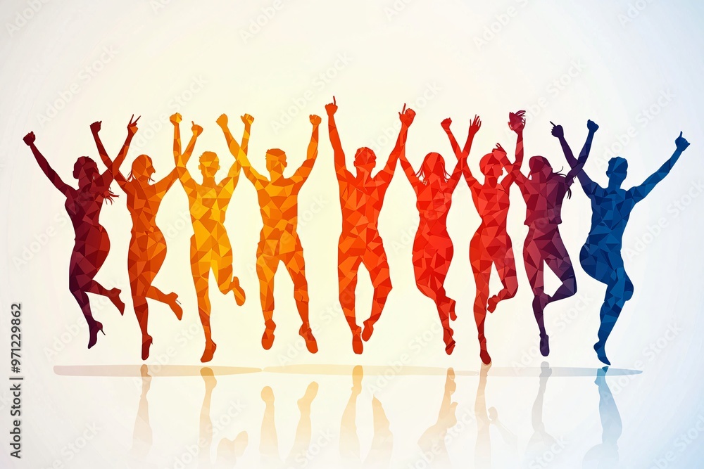 Silhouettes of Jumping People in Vibrant Colors Silhouettes of Jumping People in Vibrant Colors
