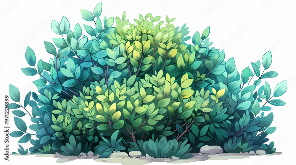 Obraz premium Cute green bush from the forest cartoon, isolated nature object for kids design. Branches and leaves of a fluffy bush isolated on a white background. Vector hand drawn illustration in paper cute style