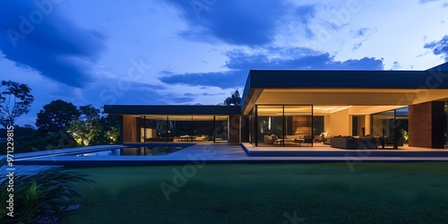 Wallpaper Mural Modern House with Swimming Pool and Garden at Dusk Torontodigital.ca