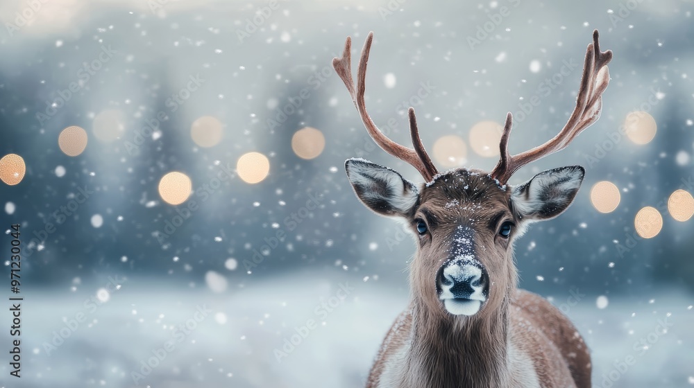 A serene deer in a snowy landscape, adorned with antlers, surrounded by soft snowfall and gentle winter bokeh lights. A serene deer in a snowy landscape, adorned with antlers, surrounded by soft snowfall and gentle winter bokeh lights.