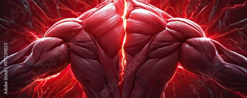 A stunning depiction of muscular anatomy showcasing powerful muscles and dynamic lighting in a vibrant red theme.