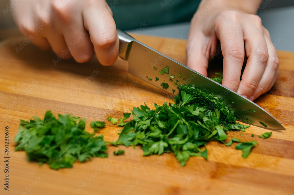 A woman chops parsley with a knife on a board. A woman chops parsley with a knife on a board.