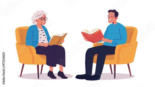 Caregiver reading to elderly couple.