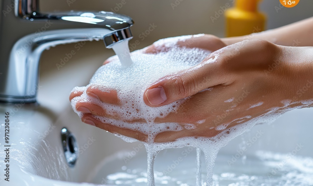 Fototapeta premium A person washing hands with soap under running water at a sink.
