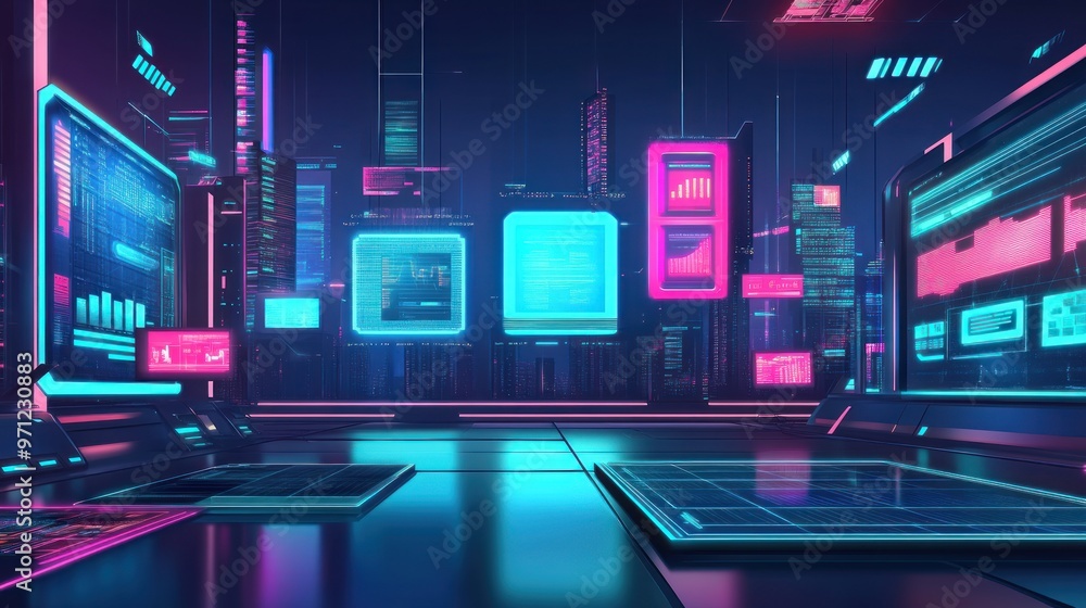 Obraz premium Futuristic digital environment with vibrant screens displaying data and graphs.