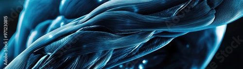 A close-up view of human muscle fibers showcasing their intricate structure and dynamic movement in a striking blue hue.