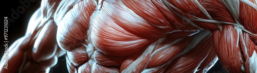 Close-up view of human muscle fibers showcasing anatomical structure and detail for educational purposes.