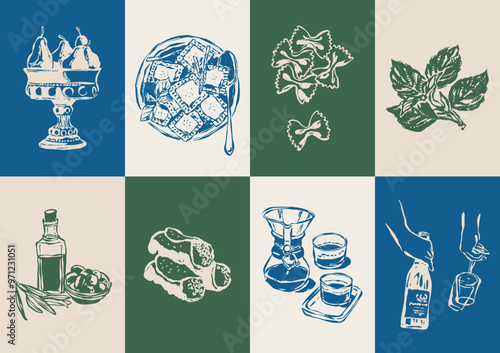 Minimalist hand drawn food and beverages vector illustration collection. Art for greeting cards, wedding invitations, poster design, postcards, branding, logo design, background.