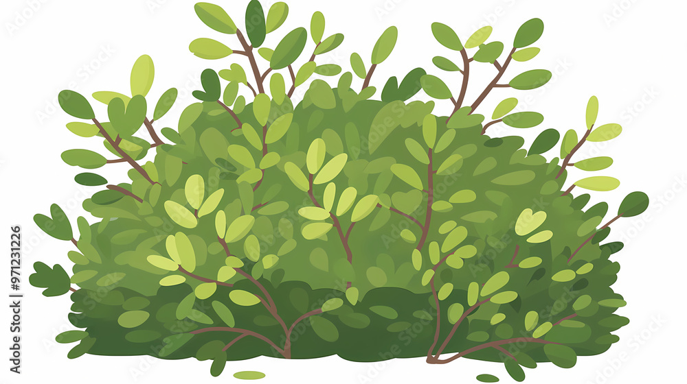 Cute green bush from the forest cartoon, isolated nature object for kids design. Branches and leaves of a fluffy bush isolated on a white background. Vector hand drawn illustration in paper cute style Cute green bush from the forest cartoon, isolated nature object for kids design. Branches and leaves of a fluffy bush isolated on a white background. Vector hand drawn illustration in paper cute style