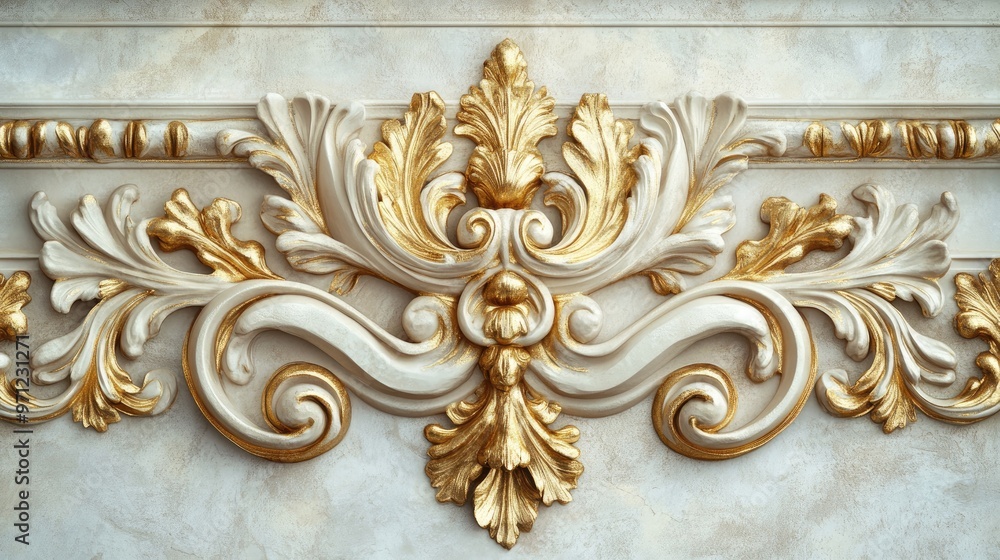 Decorative stucco molding with shimmering gold elements, enhancing the beauty of a plaster wall, perfect for high-end interior design. Decorative stucco molding with shimmering gold elements, enhancing the beauty of a plaster wall, perfect for high-end interior design.