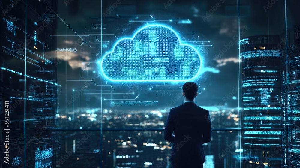 Businessman looking at a digital cloud icon over a city skyline at night, representing cloud computing and digital transformation. Businessman looking at a digital cloud icon over a city skyline at night, representing cloud computing and digital transformation.