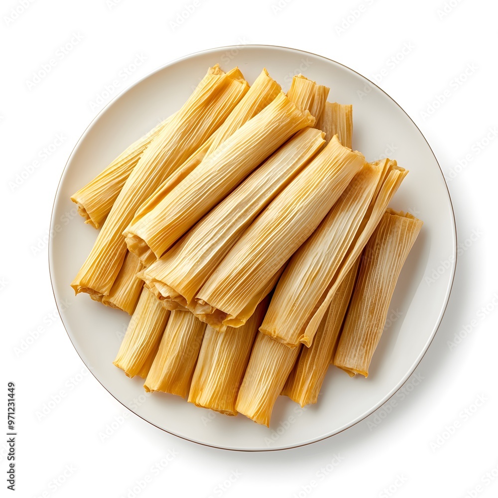Delicious tamales wrapped in corn husks on white plate Delicious tamales wrapped in corn husks on white plate