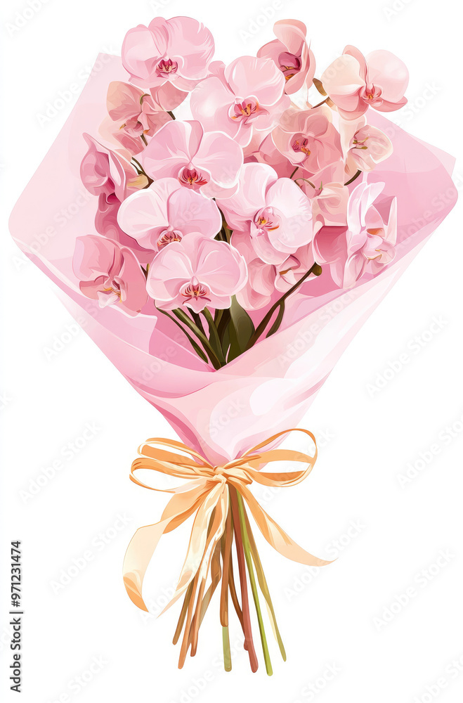A Delicate Bouquet of Pink Orchids Wrapped in Light Pink Paper A Delicate Bouquet of Pink Orchids Wrapped in Light Pink Paper