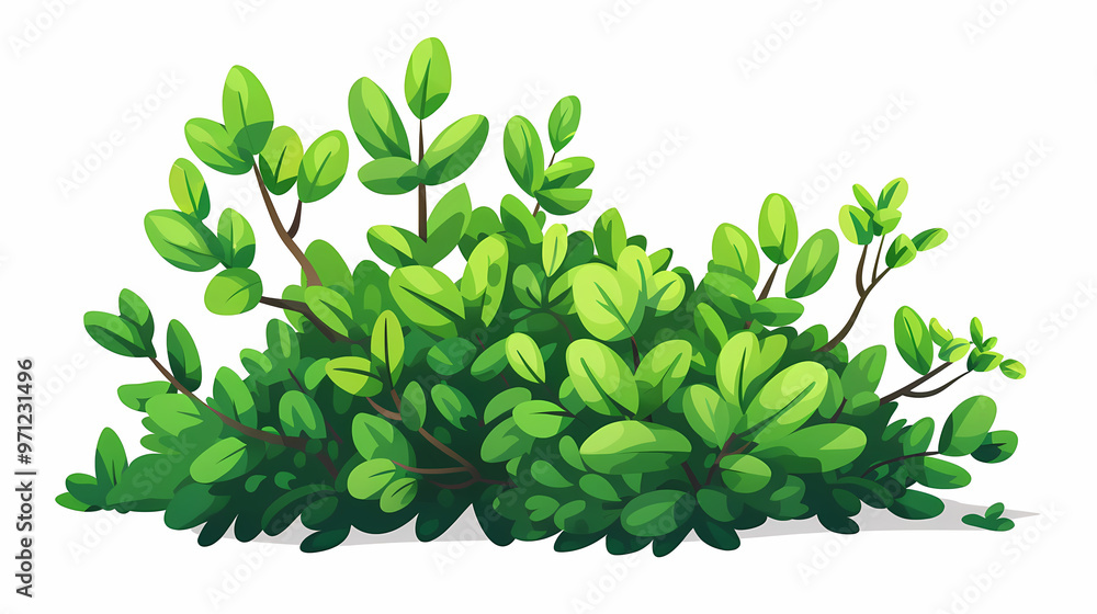Cute green bush from the forest cartoon, isolated nature object for kids design. Branches and leaves of a fluffy bush isolated on a white background. Vector hand drawn illustration in paper cute style Cute green bush from the forest cartoon, isolated nature object for kids design. Branches and leaves of a fluffy bush isolated on a white background. Vector hand drawn illustration in paper cute style