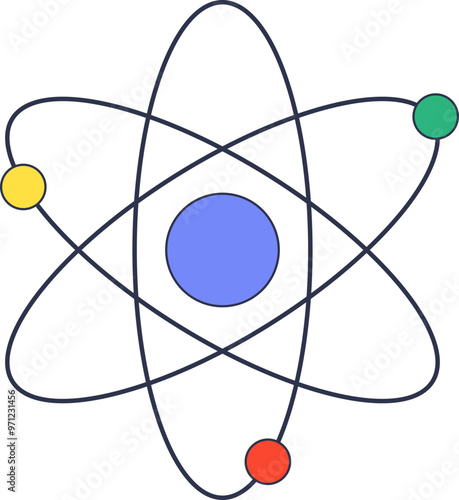 Stylized atom graphic with a central blue nucleus and three colored electrons in orbit.