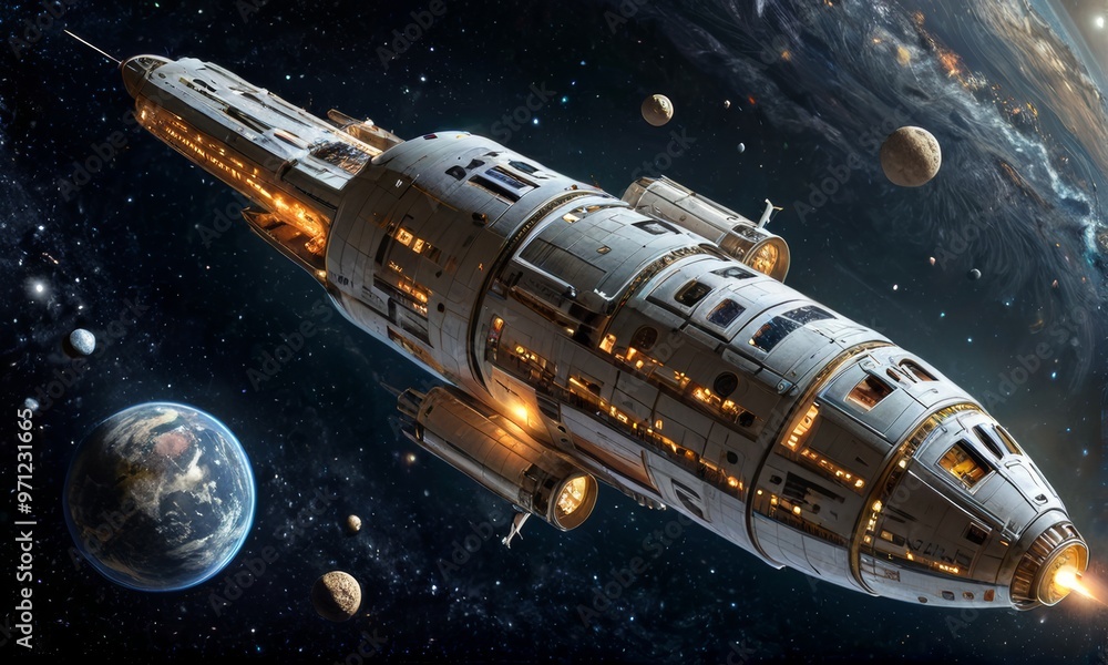 Futuristic Spacecraft Orbiting Earth in Galaxy Futuristic Spacecraft Orbiting Earth in Galaxy